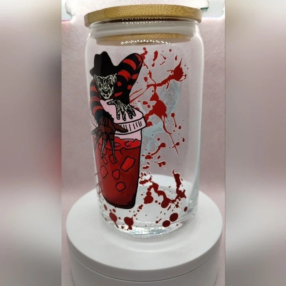 Freddy Krueger Horror 16oz Glass Can Cup Bamboo Lid Straw UV DTF Wrap Handmade